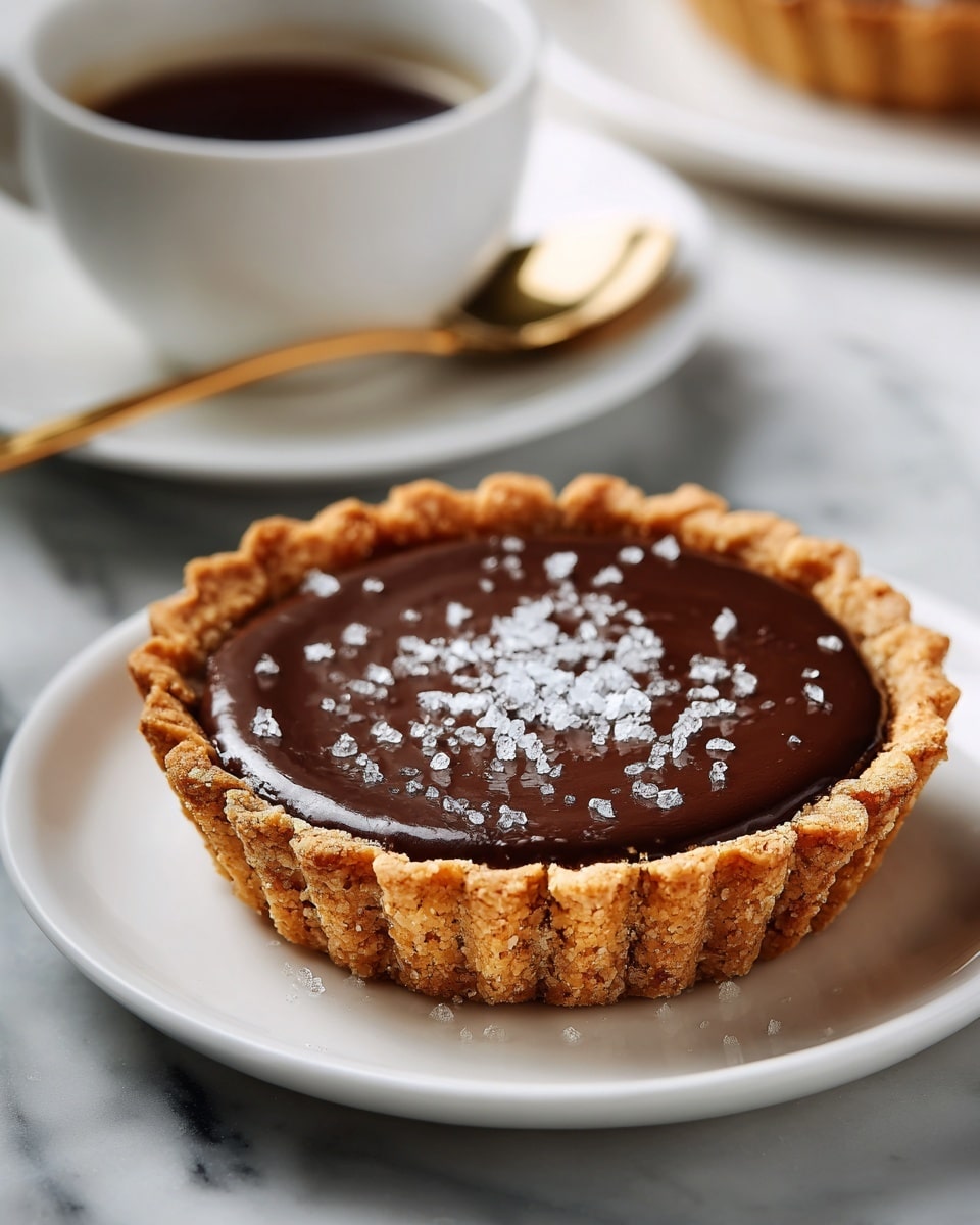 A single tart with a golden-brown crust stands on a white plate, the crust showing a slightly rough and crumbly texture with a scalloped edge. Inside the crust is a thick, glossy layer of dark chocolate ganache that fills the tart perfectly, with some chocolate spilled over the edge and pooling artistically onto the plate. On top of the ganache sits a small pile of flaky white sea salt crystals that add contrast and texture. The background has a white marbled texture, and there is a white cup and saucer with a gold spoon blurred softly behind the tart. photo taken with an iphone --ar 4:5 --v 7