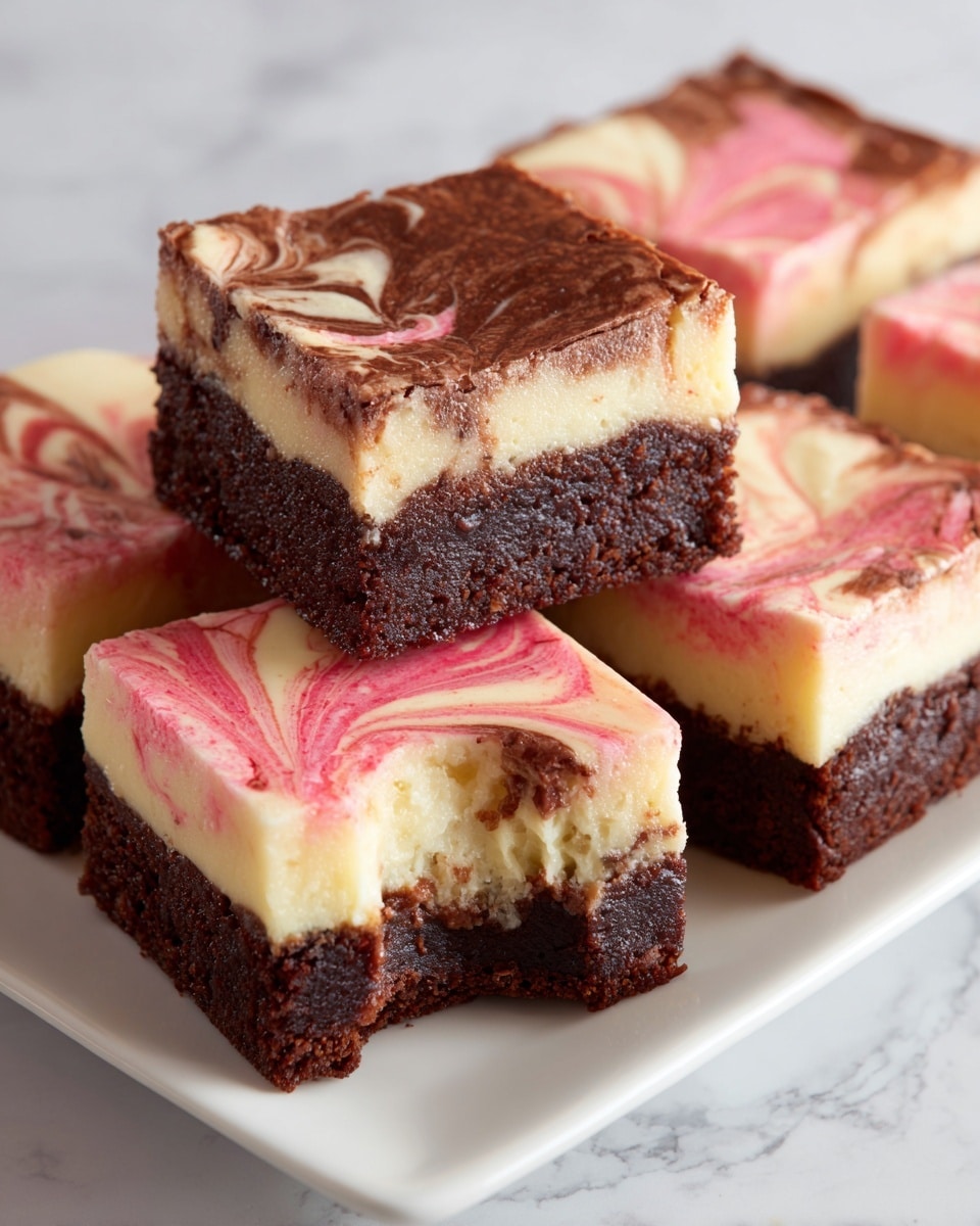 The image shows several square brownie pieces on a white plate, each with three visible layers. The bottom layer is dark brown, thick, and rich, with a fudgy texture. The middle layer is creamy white, smooth and thick. The top layer is swirled with pink and brown colors, creating a marbled pattern that looks soft and glossy. One piece in the front has a bite taken out of it, showing all layers clearly. The background is a white marble surface. photo taken with an iphone --ar 4:5 --v 7