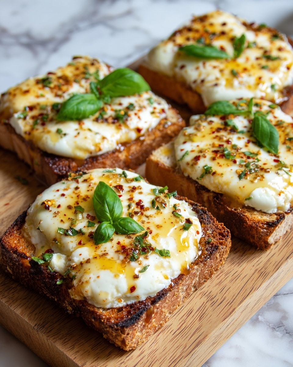 The image shows four square pieces of thick toasted bread with a golden-brown crust at the edges. Each piece has a thick layer of melted white cheese covering the top, with a slightly bubbly and creamy texture. On top of the cheese, there is a shiny drizzle of amber honey, creating a glossy finish. Small green basil leaves are placed on each toast for decoration, and red chili flakes along with finely chopped herbs are sprinkled over everything, adding specks of red and dark green. The toasts are arranged closely on a wooden board, sitting on a white marbled surface. photo taken with an iphone --ar 4:5 --v 7