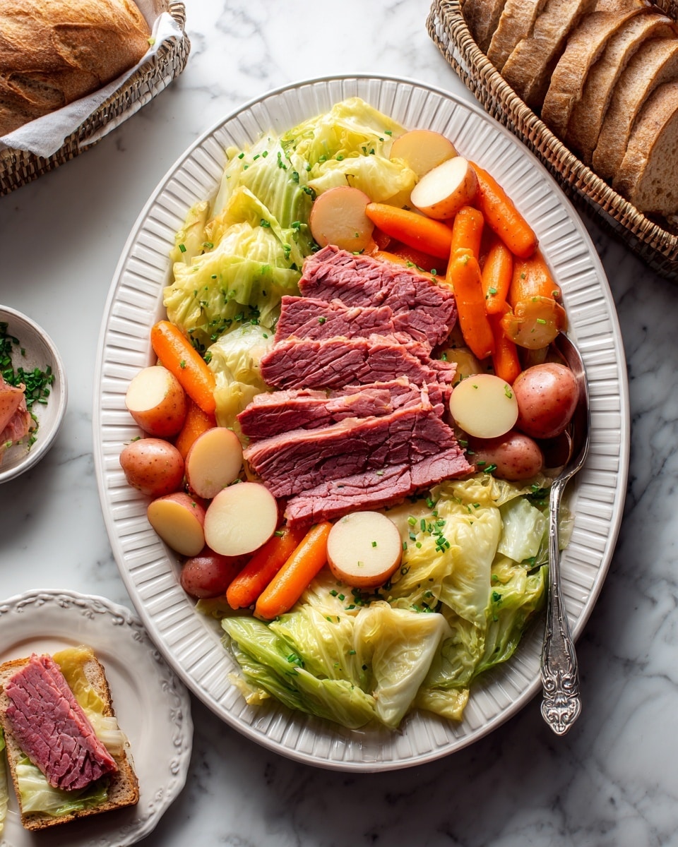 A white oval plate holds a layered dish starting with a base of pale green cooked cabbage leaves. On top, there are bright orange baby carrots and red-skinned potato halves scattered around the plate. In the center, a pile of thick slices of pink corned beef is arranged neatly. A silver fork rests on the top right edge of the plate. The plate is set on a white marbled surface next to a basket of sliced bread. photo taken with an iphone --ar 4:5 --v 7