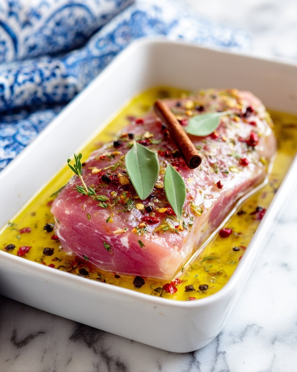 A white rectangular dish holds a single large piece of raw pink meat fully covered in a clear liquid marinade. The marinade contains visible spices including black and red peppercorns, green herb leaves, and a small cinnamon stick placed near the center on top of the meat. The surface under the dish is a white marbled texture, and a blue and white cloth with floral patterns is partially visible in the background. photo taken with an iphone --ar 4:5 --v 7
