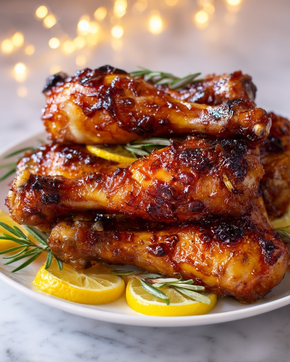 The image shows a close-up of several glazed chicken drumsticks stacked on a white plate with a brown patterned rim. The drumsticks have a shiny, sticky texture with a rich orange and brown glaze, creating a glossy surface. Around the drumsticks, there are thin, bright yellow lemon slices and a few sprigs of fresh green herbs, adding contrast. The background features a soft blur with warm tones, placed on a white marbled textured surface. photo taken with an iphone --ar 4:5 --v 7