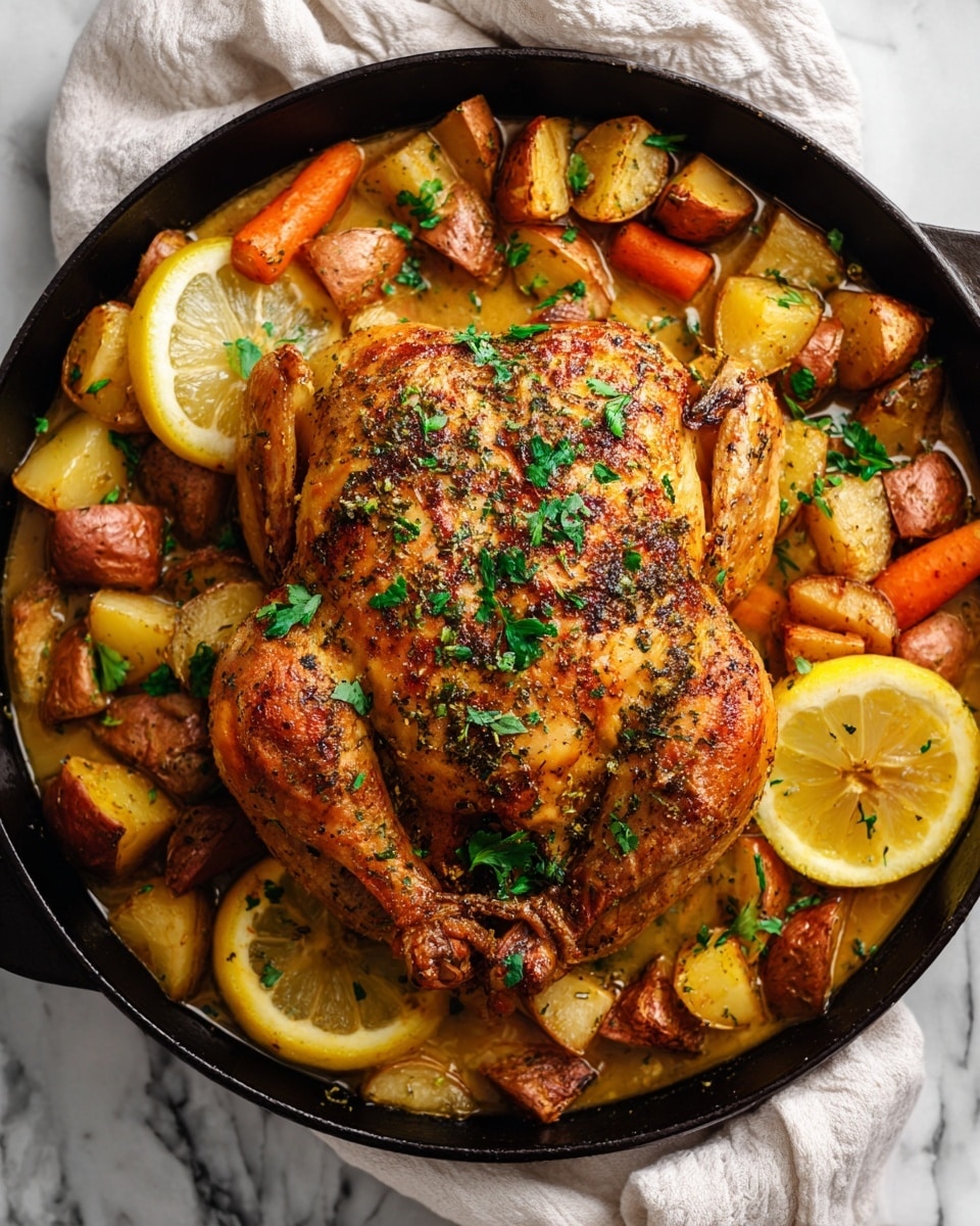 A roasted whole chicken with golden brown, crispy skin topped with fresh green herbs sits at the center of a black pan. Surrounding the chicken are chunky pieces of roasted potatoes and carrots in light brown and orange colors, along with several bright yellow lemon slices. The chicken rests in a shallow layer of light brown broth mixed with the roasted vegetables. The pan is placed on a soft, slightly crumpled white cloth on a white marbled surface. photo taken with an iphone --ar 4:5 --v 7