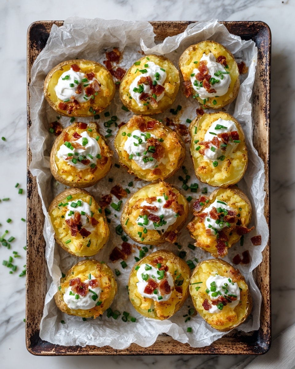 The image shows a baking tray lined with crinkled white parchment paper, holding about a dozen small potato halves arranged in three rows. Each potato is golden yellow on top, with a soft and fluffy texture, while the skin is light brown and slightly rough. On every potato, there is a small dollop of white sour cream, topped with tiny crispy reddish-brown bacon bits and bright green chopped chives, adding color contrast. The baking tray has rustic dark brown edges, and there are extra green chive pieces scattered on the parchment paper. The whole scene is set on a white marbled surface. photo taken with an iphone --ar 4:5 --v 7