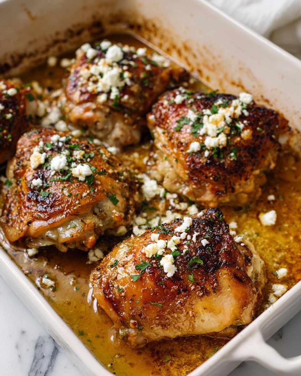 The image shows four pieces of cooked chicken thighs in a white roasting pan with browned, slightly crispy skin covered with small bits of white feta cheese and sprinkled with green chopped herbs. The chicken sits in a golden-brown sauce that pools at the bottom of the pan, giving a shiny, juicy look. The edges of the pan are visible, and the photo is taken close-up, focusing on the texture of the chicken skin, the crumble of the cheese, and the fresh herbs on top. The background features a white marbled surface with blurred items in soft colors. photo taken with an iphone --ar 4:5 --v 7