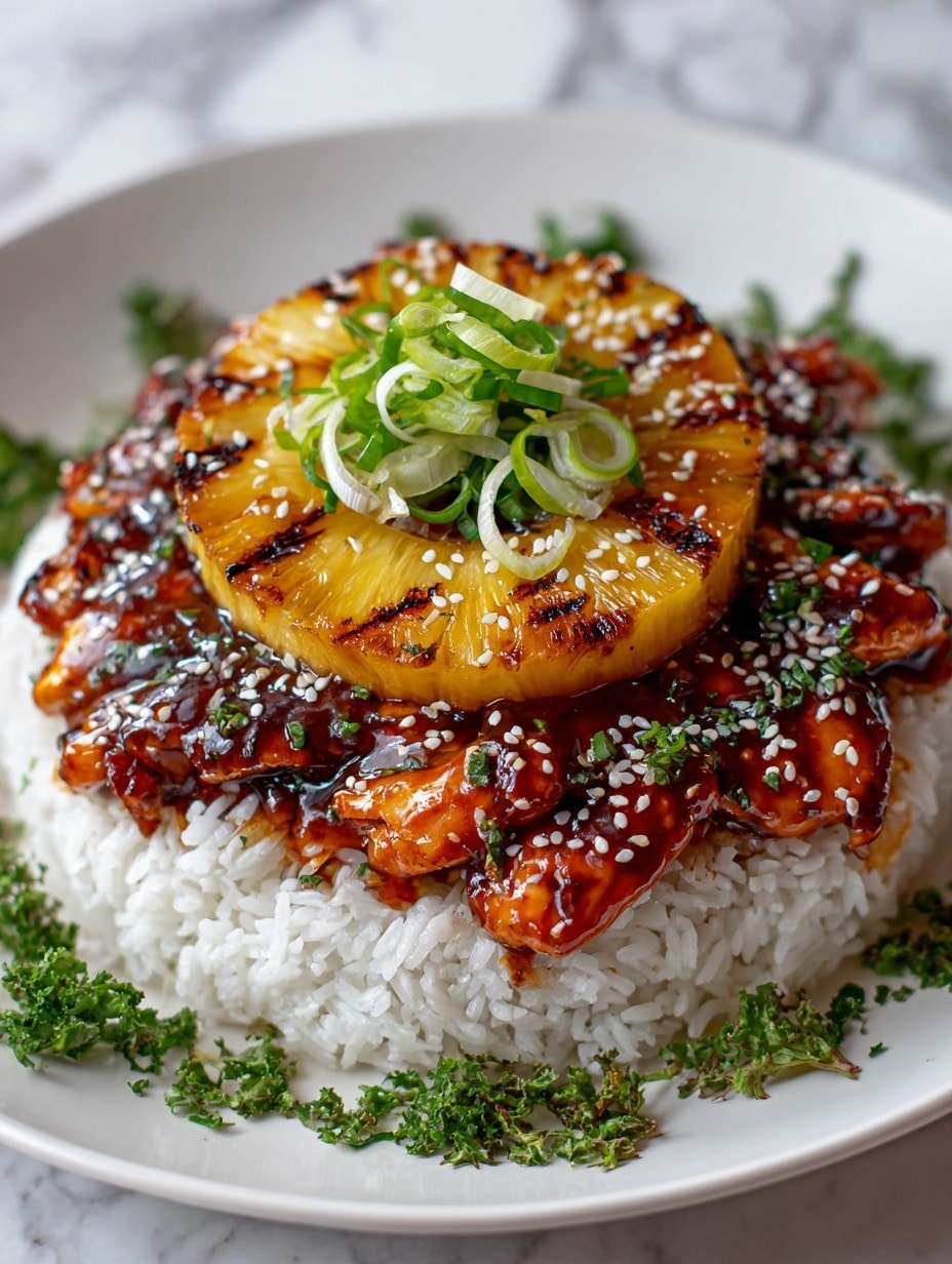 A tall, neat stack of white sticky rice forms the base layer with a slightly shiny texture from sauce dripping down its sides, topped by a thick layer of glistening, dark brown glazed shrimp sprinkled with white sesame seeds and small green onion pieces, adding texture and color contrast; the top layer is a golden-brown grilled pineapple slice with char marks, finished with a small garnish of chopped green onions, all placed on a white plate with some fresh green dill around the base, set against a white marbled textured surface. photo taken with an iphone --ar 4:5 --v 7