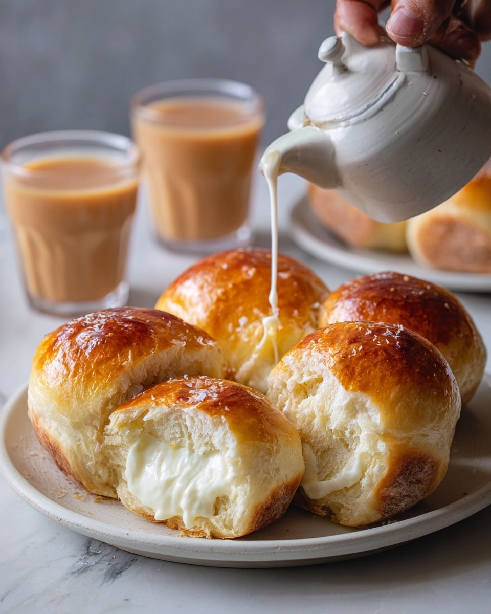 A white plate holds four soft, shiny bread rolls with a golden brown top. One roll is slightly pulled apart, showing a thick, creamy white filling inside. A woman's hand is pouring milk tea from a white teapot into one of two clear glass cups filled with light brown tea in the background. The surface is white marbled. photo taken with an iphone --ar 4:5 --v 7