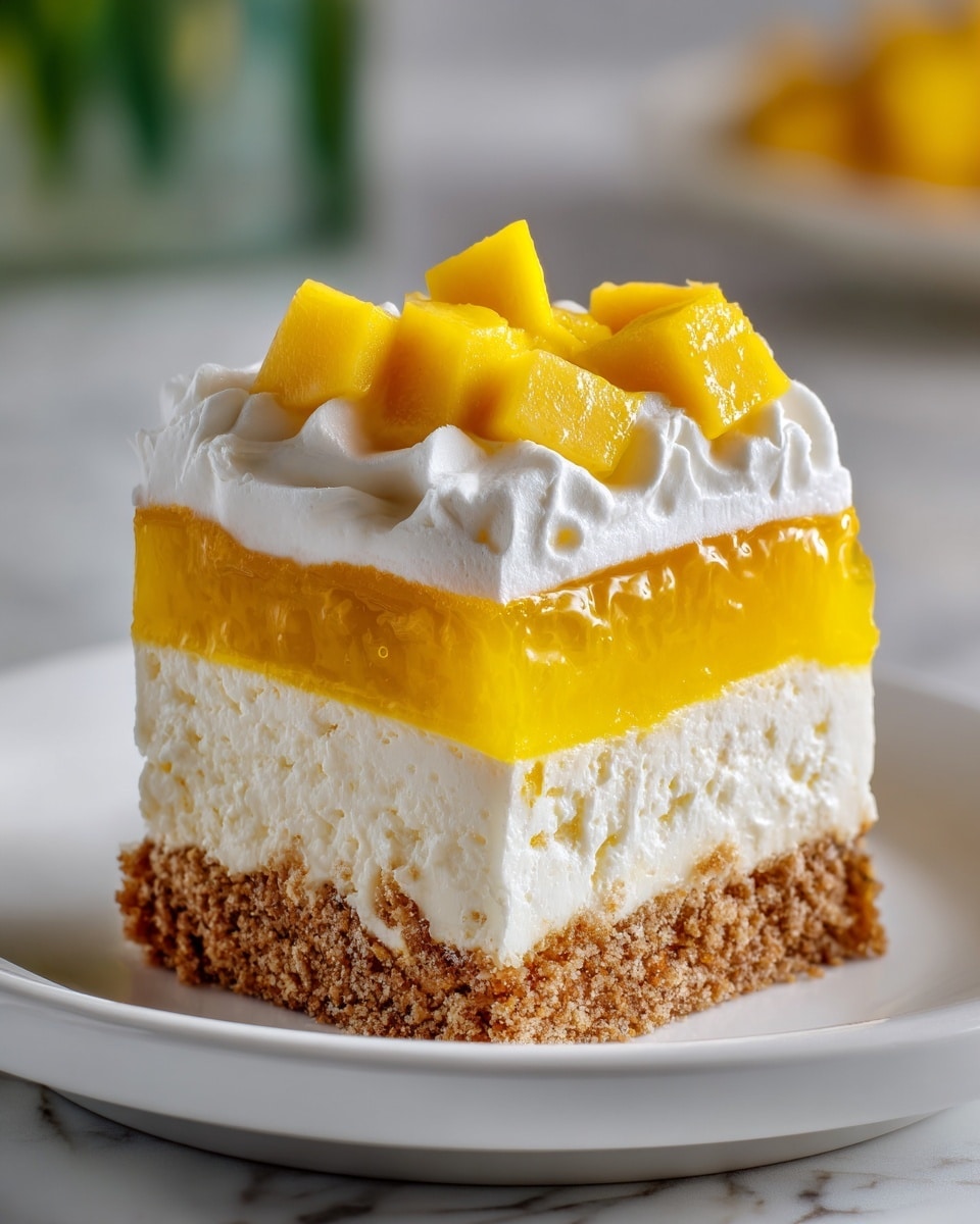 A slice of pie on a white plate showing four layers: the bottom layer is a light brown crumbly crust, above it is a thick white creamy layer, next is a bright yellow jelly-like mango layer, and on top is a fluffy white whipped cream layer crowned with fresh, shiny mango chunks. The plate sits on a white marbled surface with a soft blurred green and yellow background. Photo taken with an iphone --ar 4:5 --v 7