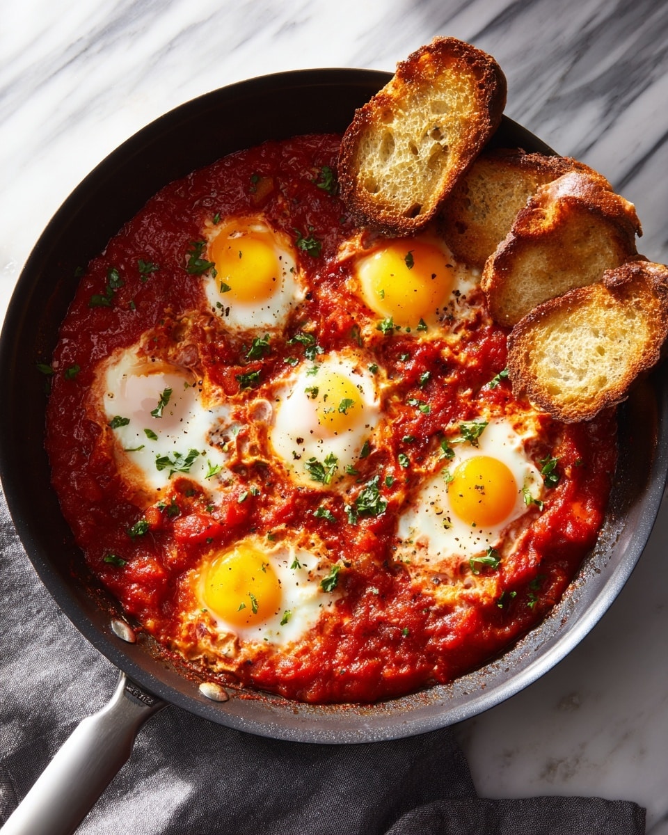 A black pan holds a vibrant red tomato sauce base with a thick texture, spread evenly to cover the pan's bottom. On top, there are five sunny-side-up eggs, each with bright yellow yolks and shiny white edges, arranged in a rough circle near the center. Dark green herbs are scattered between and slightly on the eggs, adding contrast and a fresh look. Around the eggs, there are five toasted bread slices, golden brown with visible crisp edges and airy holes, placed at irregular intervals along the pan’s rim. The pan rests on a white marbled surface with a gray cloth partially visible on the side, and the lighting emphasizes the glossiness of the eggs and richness of the sauce. photo taken with an iphone --ar 4:5 --v 7