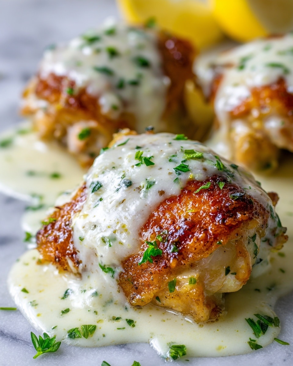 A close-up image of three golden brown baked chicken thighs covered in a thick creamy white sauce speckled with green herbs. The chicken skin looks crispy and slightly shiny, with the sauce pooling around the base and dripping down the sides. Small bits of chopped parsley or similar herbs are scattered on top of the sauce, adding a touch of green. The background shows a bright yellow blurred element suggesting a lemon wedge, and the surface below is a white marbled texture. The photo is taken with an iphone --ar 4:5 --v 7