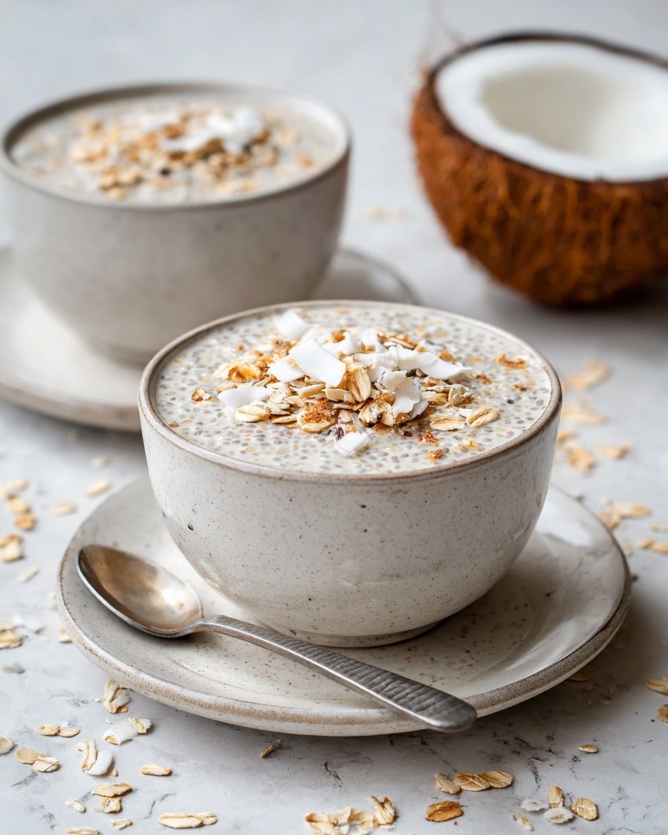 A close-up of two round bowls filled with a creamy light beige chia pudding layered with small oat flakes throughout, topped with a mix of light brown rolled oats and white flat coconut flakes. The bowl in front sits on a matching saucer with a silver spoon resting beside it, all set on a white marbled texture surface with scattered oat flakes and coconut pieces around. In the background, there is a whole brown coconut and the second bowl filled with the same pudding mix, slightly blurred. Photo taken with an iphone --ar 4:5 --v 7