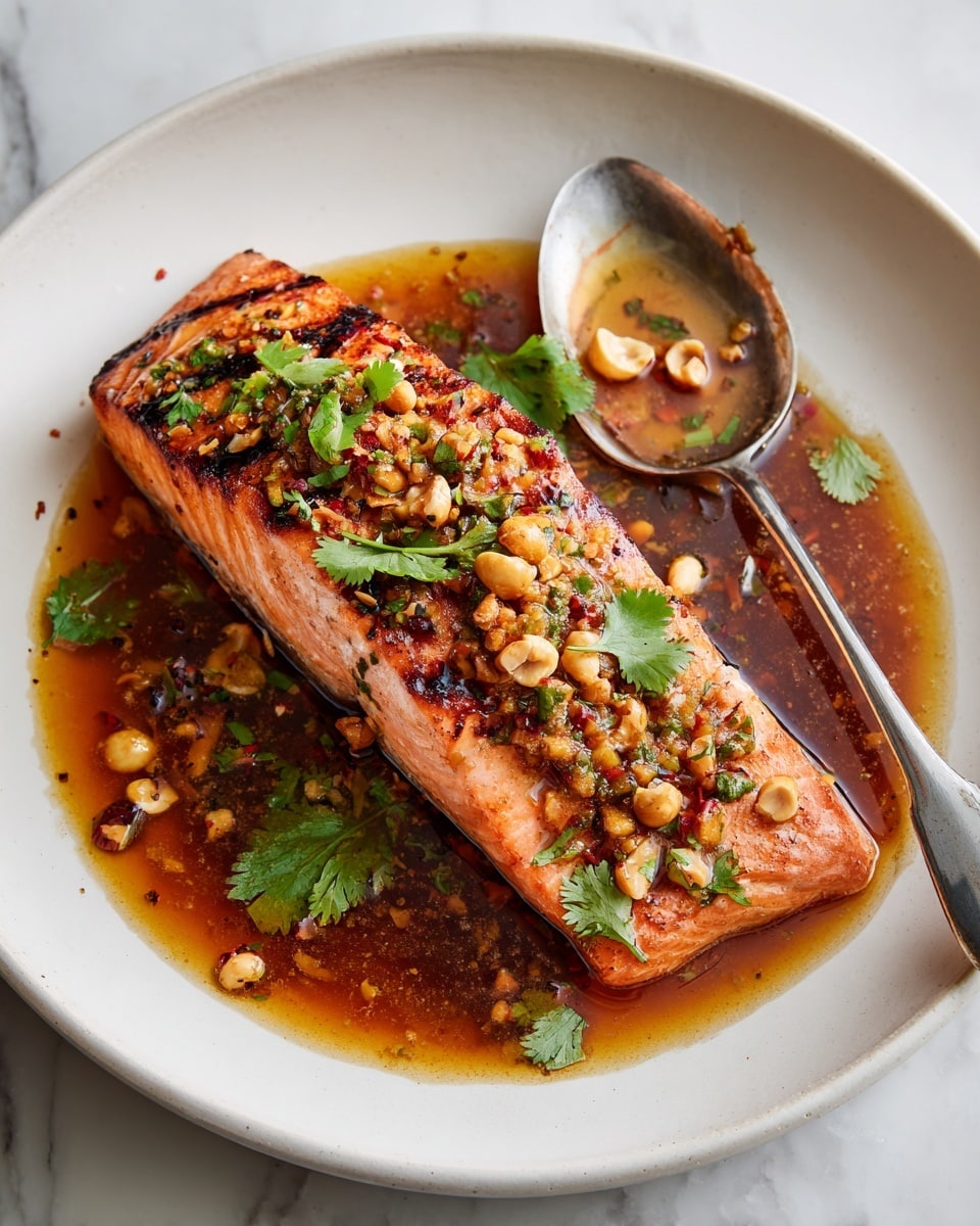 A single large piece of cooked salmon, light orange with white lines, sits in the center of a white deep round plate. The salmon is topped with a colorful mix of small golden nuts, dark red berries, green chopped herbs, and small bits of caramelized onions. Around the fish are fresh green leafy herbs and nuts slightly soaked in a shiny brown sauce that fills the bottom of the plate. A silver spoon with some sauce and herbs rests behind the salmon on the plate. The plate is placed on a white marbled texture. photo taken with an iphone --ar 4:5 --v 7