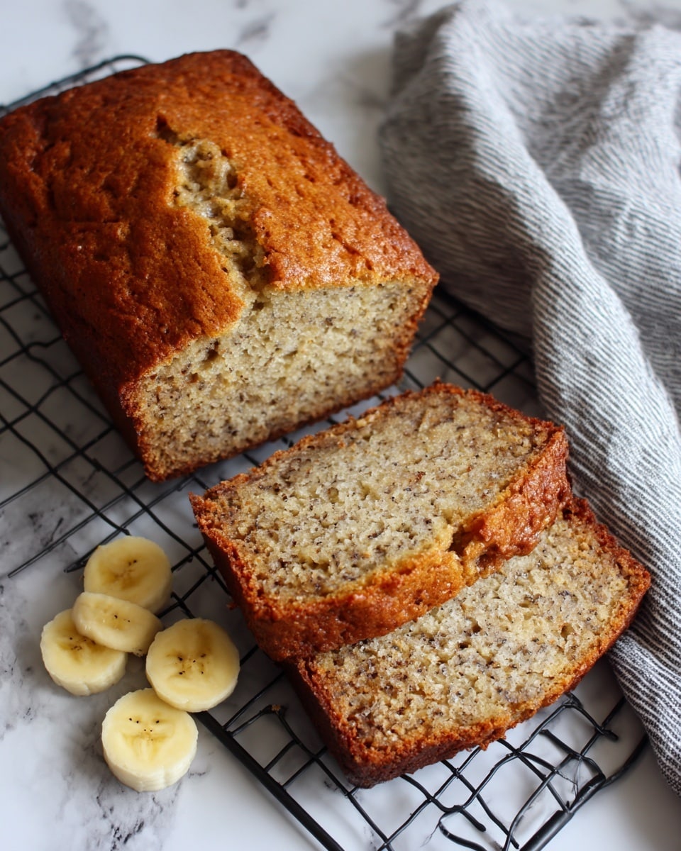 The image shows a loaf of banana bread on a black cooling rack with a white marbled surface underneath. The bread has a golden-brown crust on top, rough and slightly cracked. Two slices of the banana bread are placed in front of the loaf, showing a soft, moist inside with small brown specks and bits of banana. The texture is crumbly but dense, with a darker brown edge where the crust meets the softer middle. To the side, there is a small stack of fresh, peeled banana slices that are light yellow with soft shadows. A white towel with black and gray stripes is partly visible underneath the loaf and slices. The overall scene is lit naturally, highlighting the bread’s warm colors and texture. photo taken with an iphone --ar 4:5 --v 7