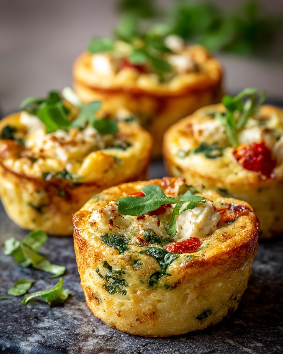 The image shows four small baked egg muffins arranged on a dark textured surface. Each muffin has a golden brown outer layer with slight crisp edges, filled with a light yellow fluffy egg base that contains visible green leafy herbs, white cheese chunks, and pieces of red tomato or pepper. The top of each muffin is decorated with fresh green herb leaves and bits of red vegetable, creating a colorful contrast. The muffins are round, about two to three inches tall, with a slightly uneven and rustic texture. The background is softly blurred with hints of green garnish, all on a white marbled textured surface. photo taken with an iphone --ar 4:5 --v 7