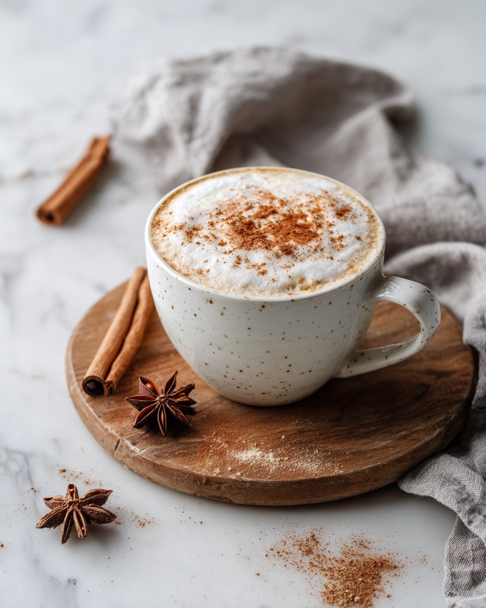 The image shows a beige speckled mug filled with a frothy light cream-colored drink topped with a sprinkle of brown cinnamon powder in an irregular snowflake pattern. The mug is placed on a round wooden board, which also holds a star anise and a cinnamon stick. More cinnamon sticks and star anise are scattered on the corners of a gray cloth under the board. The whole setup is on a white marbled surface, creating a cozy and warm feel. photo taken with an iphone --ar 4:5 --v 7