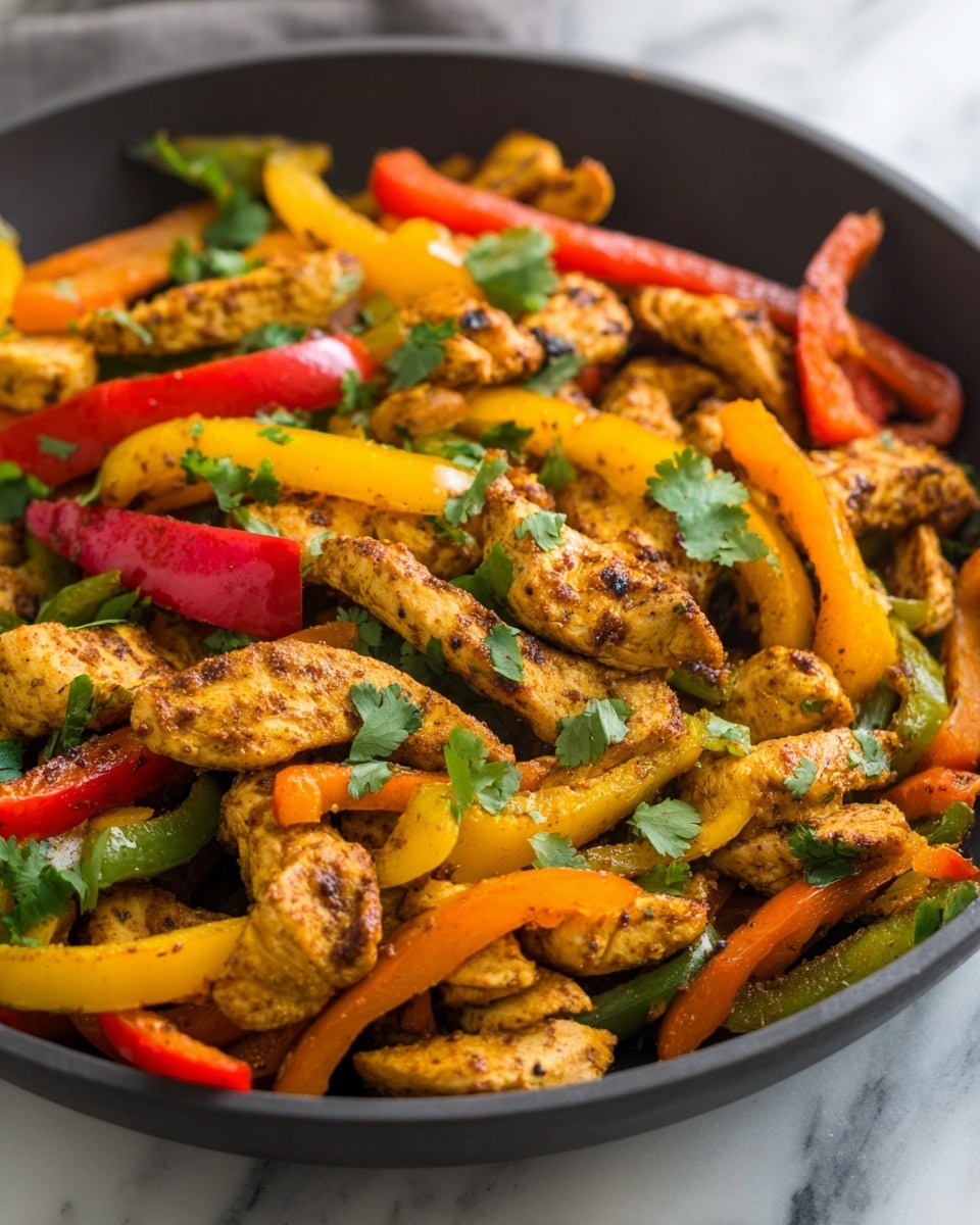 A close-up view of a dark pan filled with a colorful mix of cooked chicken strips and sliced bell peppers in red, yellow, orange, and green. The chicken pieces are golden brown with a slightly charred texture, mixed evenly with softened, tender bell pepper slices. Small green cilantro leaves are scattered on top as garnish, adding a fresh contrast to the warm colors. The background is blurred but shows the edge of the pan on a white marbled surface. Photo taken with an iphone --ar 4:5 --v 7