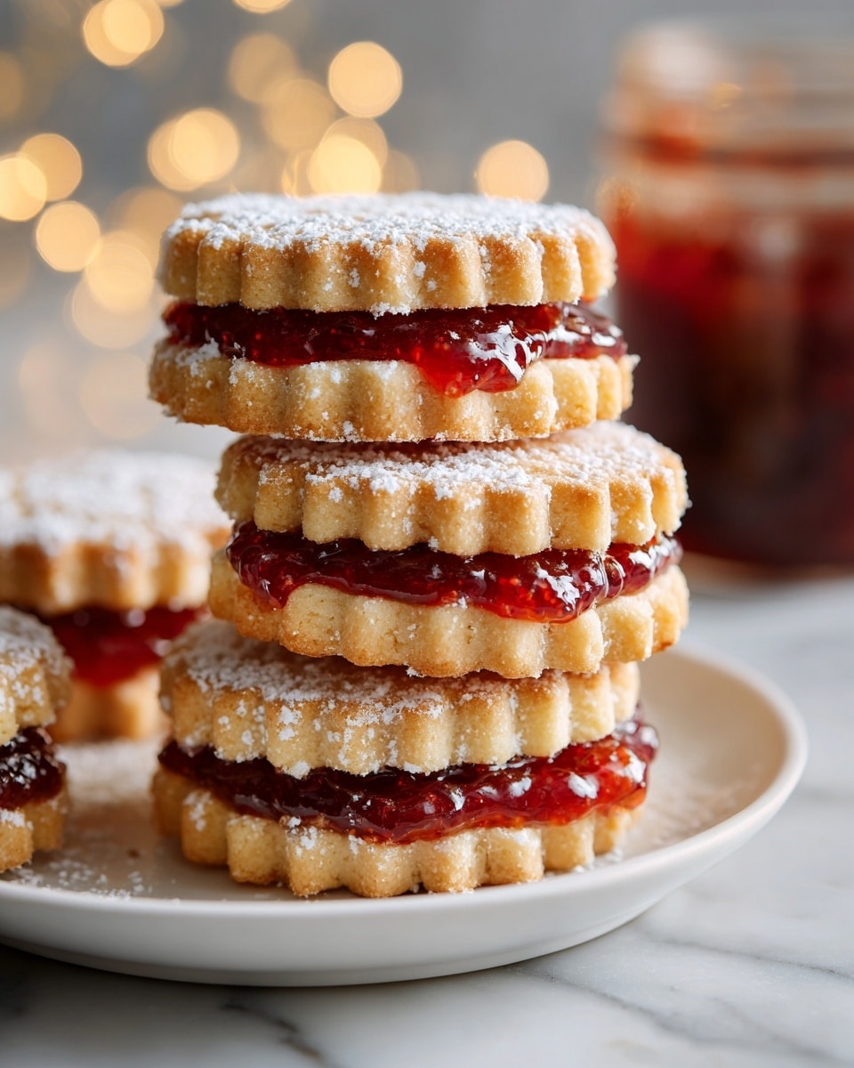 A white plate filled with a pile of sandwich cookies, each made of two light brown, slightly crumbly cookie layers with scalloped edges, filled with a thick, glossy red jam in the middle. The top cookie layers are dusted with a fine layer of powdered sugar, giving a soft white contrast to the red jam below. In the blurred background, there is a jar filled with more red jam sitting on a white marbled surface with warm soft lights creating a cozy feel. photo taken with an iphone --ar 4:5 --v 7