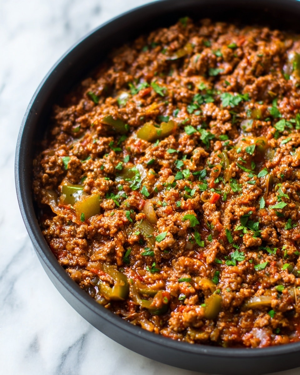 The image shows a close-up of a dish with three layers. The bottom layer is a dark brown ground meat mixture, cooked with visible small bits of onions and green peppers, giving a textured and slightly oily look. The middle layer has melted yellow cheese spread unevenly over the meat, adding a smooth and creamy contrast. The top layer is sprinkled generously with fresh green chopped cilantro, adding a bright color and fresh texture. The dish is served in a white round bowl placed on a white marbled surface. Photo taken with an iphone --ar 4:5 --v 7