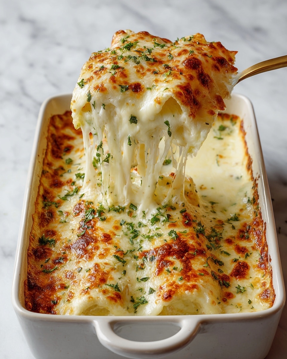The image shows a white baking dish filled with three stuffed cannelloni pasta tubes covered with melted golden cheese. The top cheese layer is browned and bubbly with some green herb sprinkles. One of the cannelloni has a piece lifted, showing melted cheese stretching down. The pasta looks soft and creamy under the cheese. The background has green plants and a red and white cloth, while the surface is a white marbled texture. photo taken with an iphone --ar 4:5 --v 7