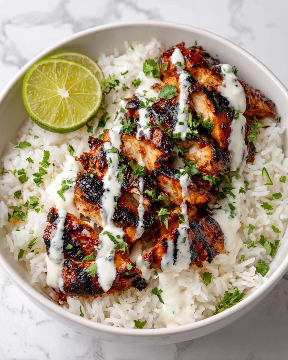 A white bowl on a white marbled surface filled with a bed of white rice mixed with small pieces of yellow corn. On top, there are several pieces of grilled chicken with a slightly charred, crispy brown texture. Drizzled over the chicken is a white creamy sauce, sprinkled with red spices and chopped green herbs. A wedge of lime is placed on the side of the bowl. photo taken with an iphone --ar 4:5 --v 7