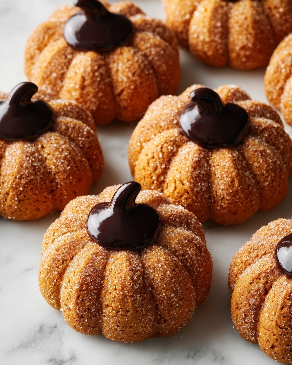 A group of round pumpkin-shaped cookies are arranged closely together on a white marbled surface. Each cookie has deep ribbed textures, giving a pumpkin-like appearance, and is coated with fine sugar crystals making them sparkle softly. On top of every cookie, there is a small dollop of dark chocolate, shiny and smooth, resembling a stem. The cookies have a warm orange color with slightly darker edges. photo taken with an iphone --ar 4:5 --v 7