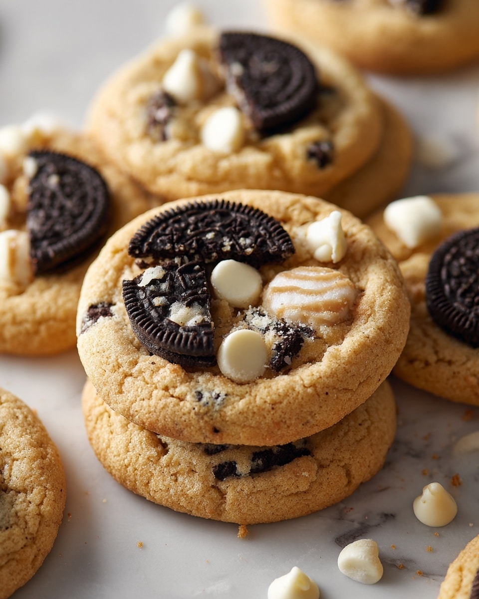 The image shows a close-up of a pile of round cookies on a white marbled surface. Each cookie has a light golden-brown color with a soft, thick texture. Embedded in the cookie dough are whole Oreo cookie halves with their dark chocolate color and distinctive white cream patterns clearly visible. Scattered around the Oreos are small, creamy white chocolate chips giving extra texture and color contrast. The layers include the soft cookie base in light golden brown, the dark black Oreo pieces, and the smooth white chocolate chips on top. photo taken with an iphone --ar 4:5 --v 7