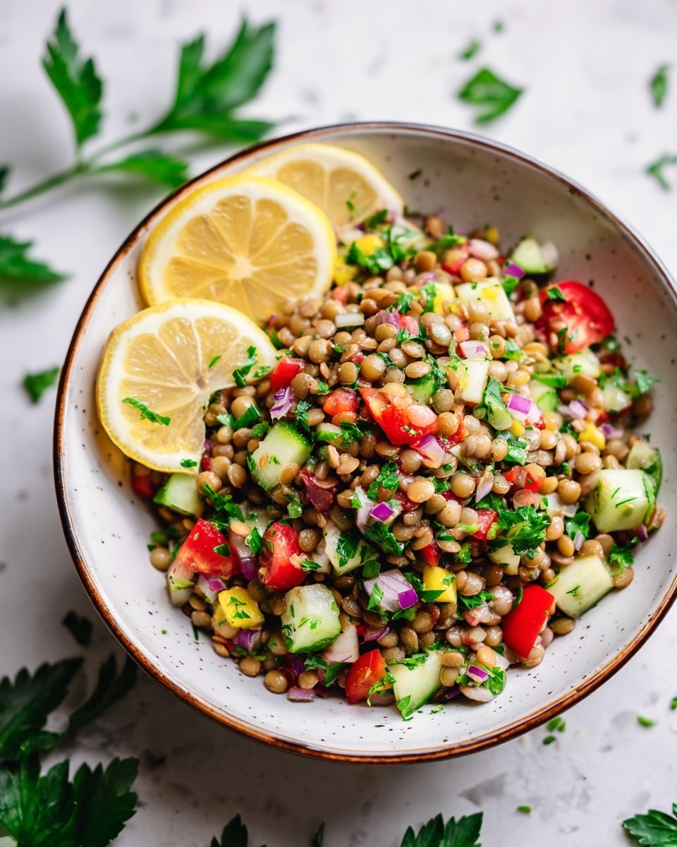 A bowl filled with a fresh salad containing three main layers: the base has small, round brown lentils, mixed evenly with finely chopped bright green parsley that gives a leafy texture; the middle layer consists of small chunks of red tomatoes, diced light green cucumbers, and bits of purple onion scattered throughout adding color contrast; on top near the edge, two pale yellow lemon slices rest on the salad. The bowl is white with a light brown rim, sitting on a white marbled surface with some green herb leaves placed beside it for extra decoration. photo taken with an iphone --ar 4:5 --v 7