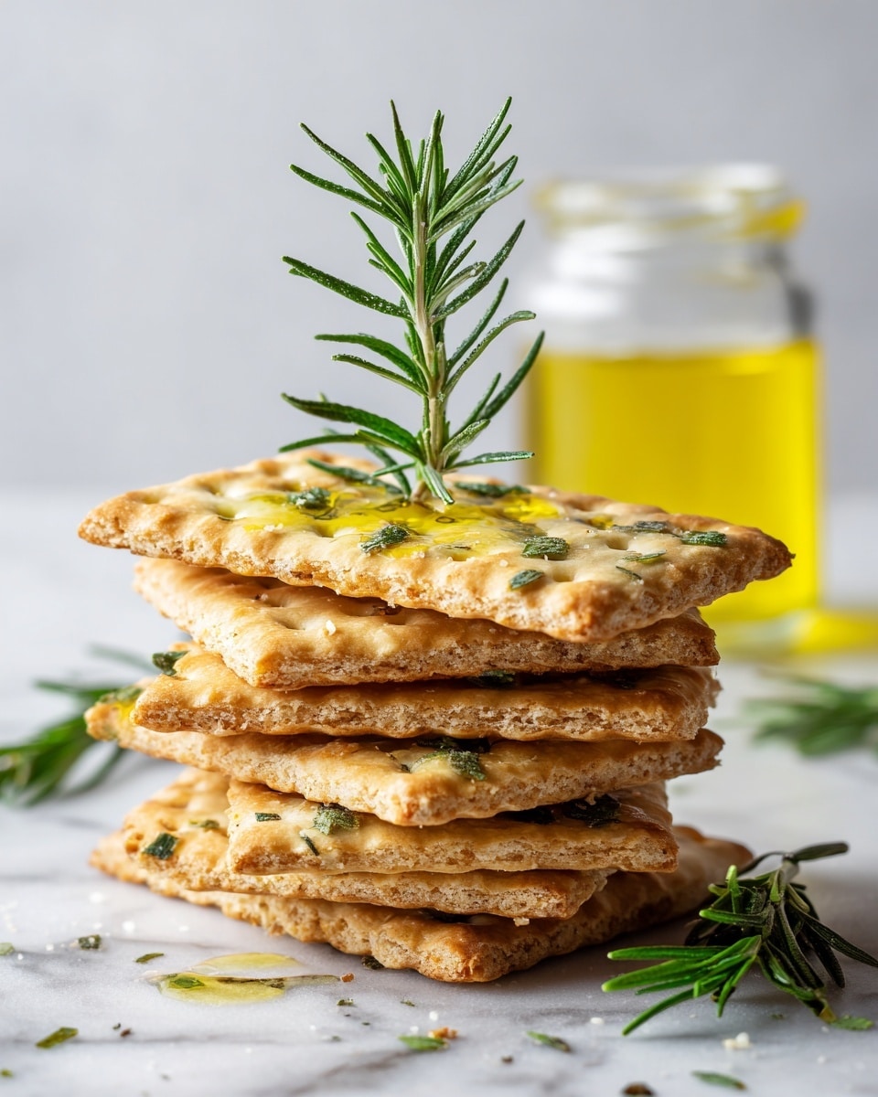 A small stack of six rectangular crackers sits on a white marbled surface, with the top cracker appearing light golden-brown and sprinkled with coarse salt and small rosemary bits. A fresh green rosemary sprig is tucked vertically into the crackers, adding height and a natural touch. In the blurred background, there is a clear glass jar filled with golden yellow olive oil, enhancing the warm tones of the crackers. Scattered small rosemary leaves lie around the stack, complementing the rustic look. The lighting is soft, creating a cozy and inviting atmosphere. Photo taken with an iphone --ar 4:5 --v 7