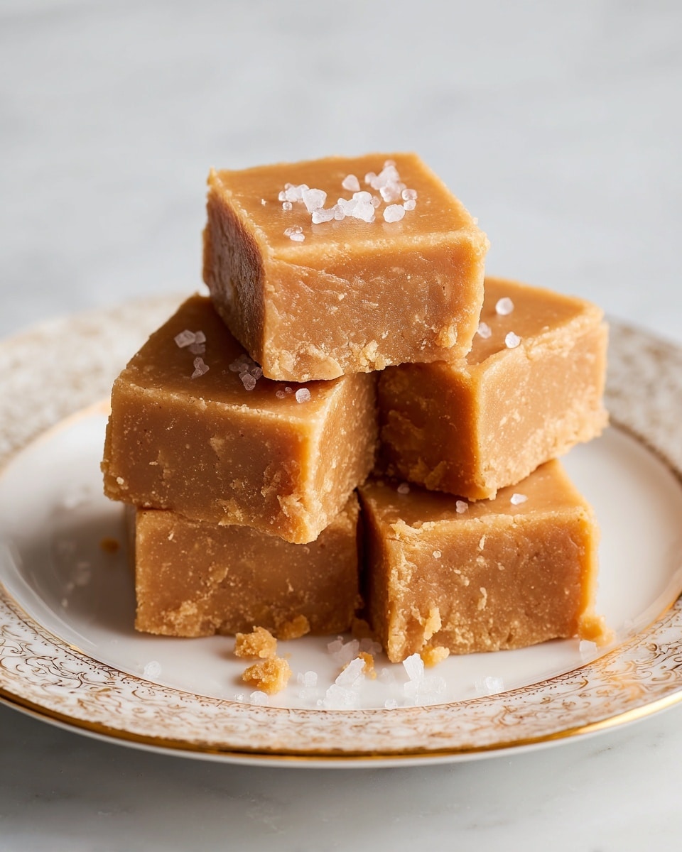 Four square pieces of light brown fudge are stacked on a white plate with a thin, ornate brown pattern around the edge. The fudge has a slightly rough texture with small salt crystals sprinkled on top, giving it a coarse and crumbly look. The top piece sits diagonally on the others beneath it. The white plate rests on a white marbled surface. photo taken with an iphone --ar 4:5 --v 7