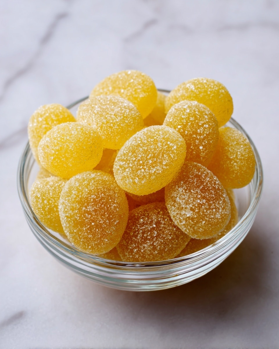 A small clear glass bowl holds a pile of golden yellow sugar-coated jelly candies. Each candy is oval-shaped and covered in a coarse layer of sparkling sugar crystals, giving them a slightly rough texture. The candies fill the bowl almost to the top, with some resting slightly above the rim. The bowl sits on a white marbled surface, and the light highlights the translucent, shiny quality of the jelly sweets. Photo taken with an iphone --ar 4:5 --v 7