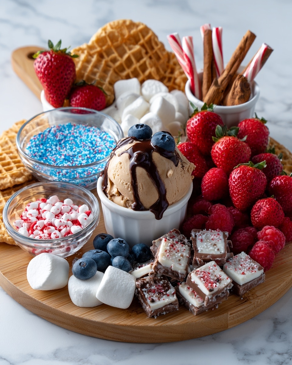 A round wooden board holds an assortment of sweet treats placed on a white marbled surface. In the center, there is a scoop of light brown ice cream topped with melted chocolate drizzles, three blueberries, and two raspberries. Around this, a cluster of whole bright red strawberries is arranged. One clear glass bowl is filled with blue, red, and white sprinkles, and another white bowl contains square peppermint bark pieces with a red swirl pattern. Small white marshmallows are scattered around the edge of the board. There are beige waffle cookies stacked at the back next to more raspberries. Another white bowl holds rolled cinnamon sticks drizzled with white icing and a striped candy cane, with more white icing and broken cinnamon rolls around it. The whole setup is vibrant with red, blue, white, and brown colors. Photo taken with an iphone --ar 4:5 --v 7