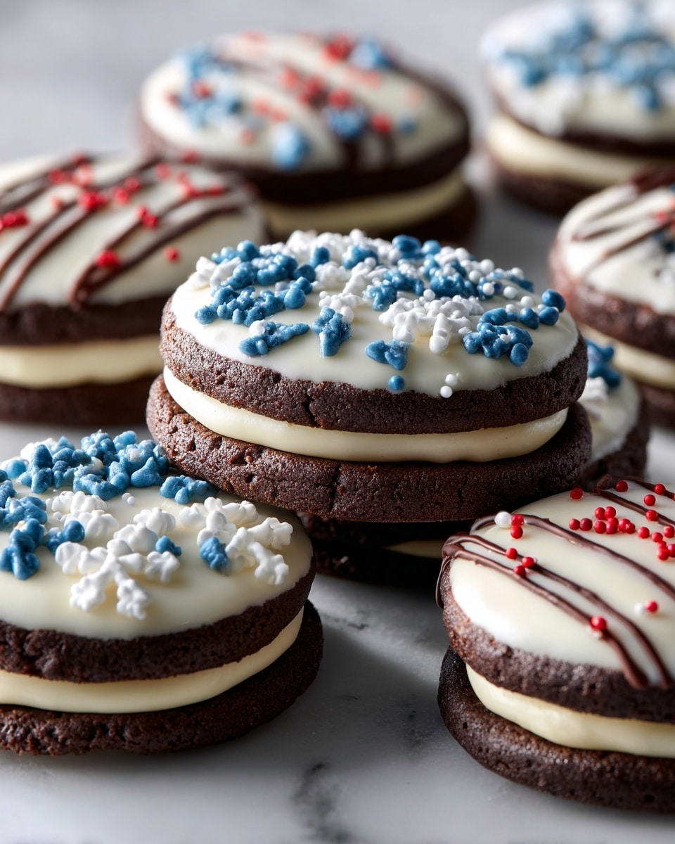 The image shows several chocolate sandwich cookies on a white plate, placed on a white marbled texture. Each cookie has two dark brown chocolate layers with a thick white cream layer in the middle. The top chocolate layer is covered with a smooth white icing decorated either with small blue sugar beads or thin red stripes and tiny red sugar beads. The cookies are closely stacked, showing their round shape and shiny texture. photo taken with an iphone --ar 4:5 --v 7