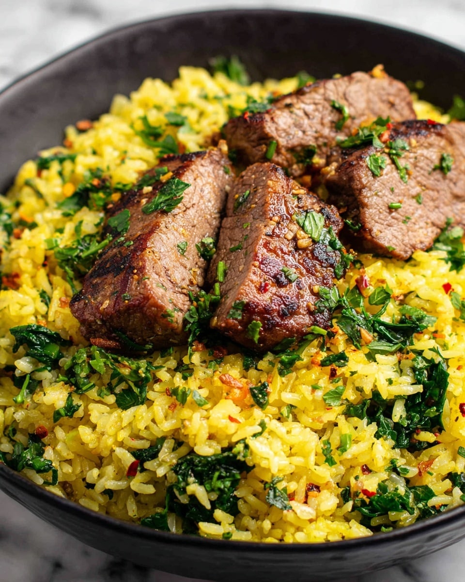 The image shows a close-up of a black bowl filled with yellow rice mixed with green leafy vegetables and small bits of orange seasoning. On top of the rice, there are three pieces of brown, grilled meat with visible grill marks and some green herbs sprinkled on top for garnish. The rice looks fluffy and the meat is juicy and tender with a slightly crispy outer layer. The background is a white marbled texture. photo taken with an iphone --ar 4:5 --v 7