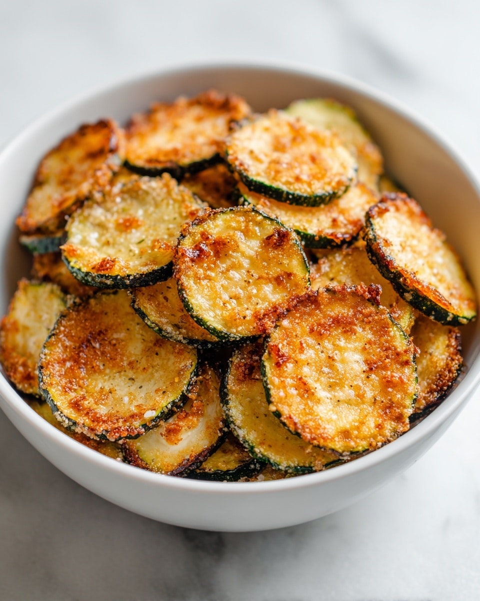 A close-up view of a white bowl filled with golden-brown fried zucchini slices, each piece showing a crispy texture with some darker browned spots. The slices are thin, stacked loosely, and have a light seasoning visible on their surface. The bowl sits on a white marbled surface, adding a clean and bright contrast to the warm colors of the zucchini. photo taken with an iphone --ar 4:5 --v 7