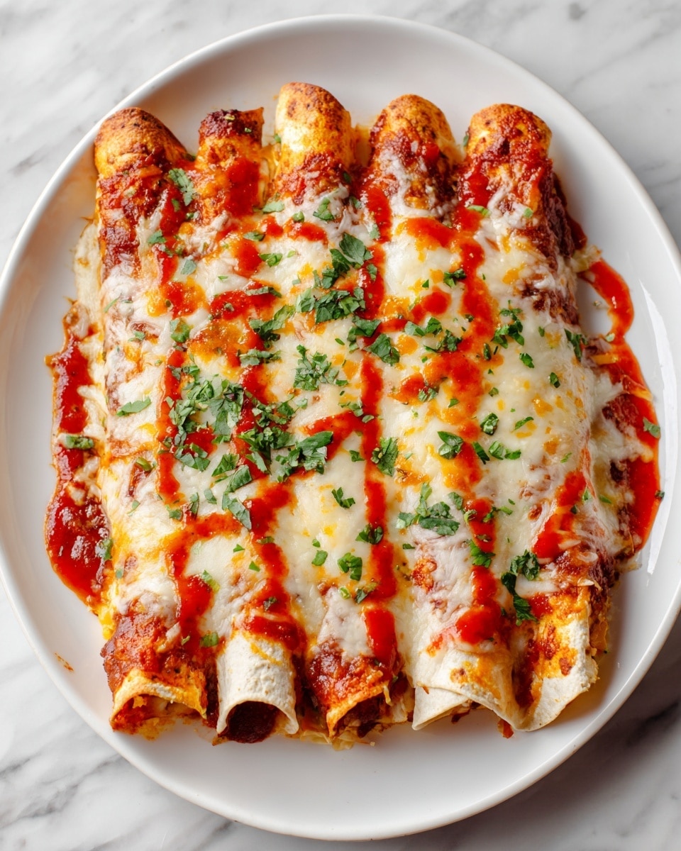 A white plate holds a stack of four rolled enchiladas covered in melted white cheese with some golden brown spots. Bright red sauce is drizzled over the top, and chopped green cilantro is sprinkled generously across the dish. The enchiladas have a soft, slightly toasted texture, and some melted cheese is oozing out at the edges. The plate rests on a white marbled surface. Photo taken with an iphone --ar 4:5 --v 7