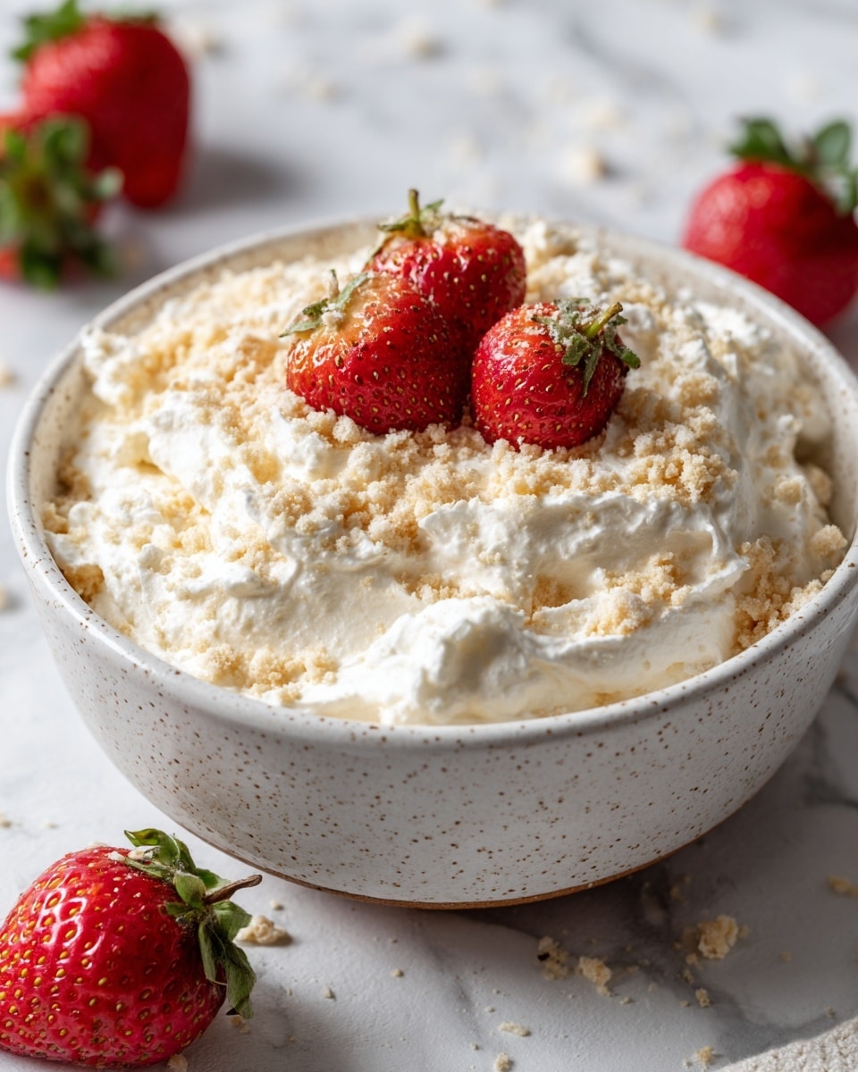 A close-up view of a white speckled bowl filled with a thick layer of whipped cream that looks soft and fluffy, topped with crumbled beige pieces scattered over the cream, and three whole bright red strawberries sitting on top. The bowl is placed on a white marbled surface with a few fresh strawberries lying around it, adding more red color to the scene. photo taken with an iphone --ar 4:5 --v 7