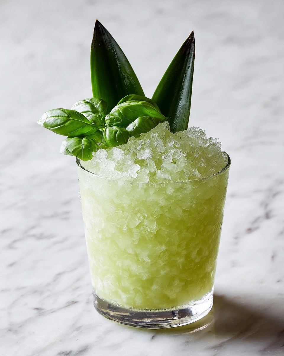 A short clear glass is filled almost to the top with crushed ice, giving it a frosty white texture. Under the ice, a pale green liquid fills the glass, showing a smooth, slightly translucent appearance. On top of the crushed ice sits a small bunch of fresh green basil leaves, adding a vibrant and leafy layer that stands upright. Behind the basil, two dark green pineapple leaves poke out like a crown, adding height and contrast to the drink. The glass is placed on a white marbled surface with a simple, clean look. photo taken with an iphone --ar 4:5 --v 7