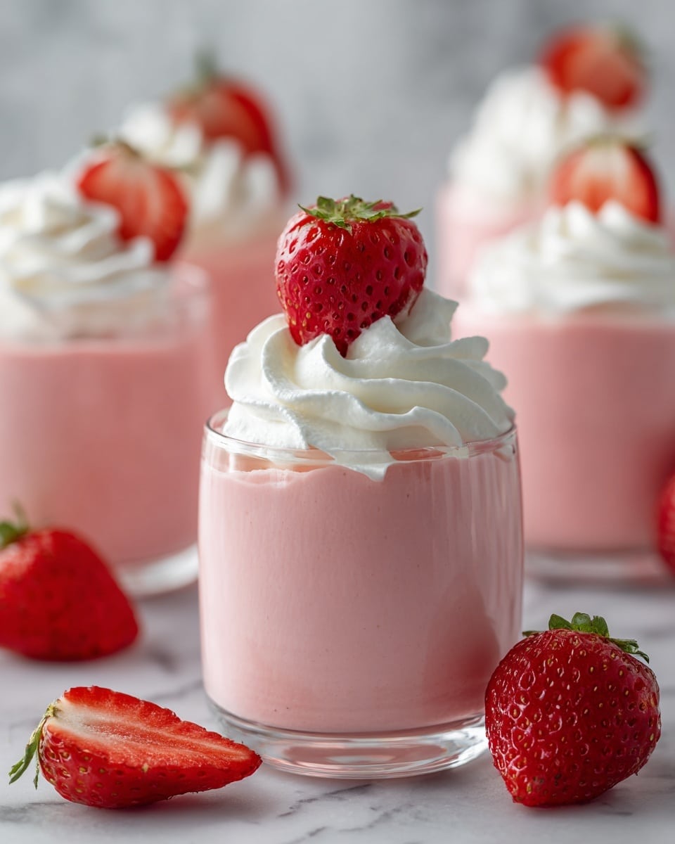 The image shows a clear glass cup filled with a smooth pink strawberry mousse as the base layer. On top of the mousse is a thick swirl of white whipped cream, which looks soft and fluffy. A fresh half strawberry with its green stem still attached is placed upright on the whipped cream. Surrounding the main glass are other similar glasses filled with pink mousse and topped with whipped cream and strawberry halves. In the foreground, there are two fresh strawberry halves lying on a white marbled surface. photo taken with an iphone --ar 4:5 --v 7