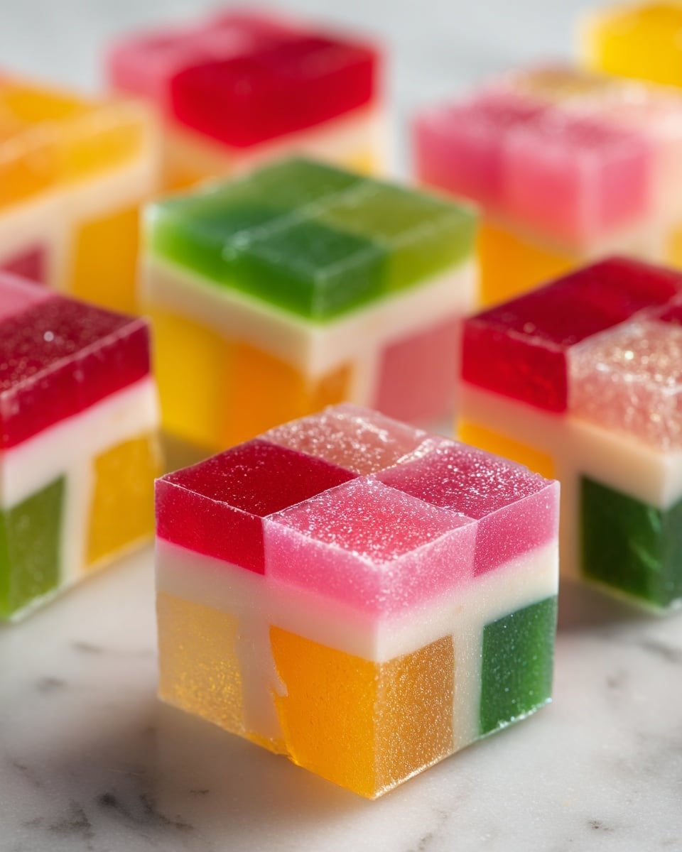 A close-up view of a single square piece of creamy white layered dessert with embedded colorful jelly chunks in red, yellow, orange, green, and pink scattered unevenly inside. The dessert has a smooth, soft texture with clear jelly pieces giving a translucent, shiny look, making the colors stand out brightly against the white base. In the background, three more similar square pieces are slightly blurred, all placed on a white marbled surface. The focus is on the front piece, showing sharp details and textures on the jelly and creamy layers. Photo taken with an iphone --ar 4:5 --v 7