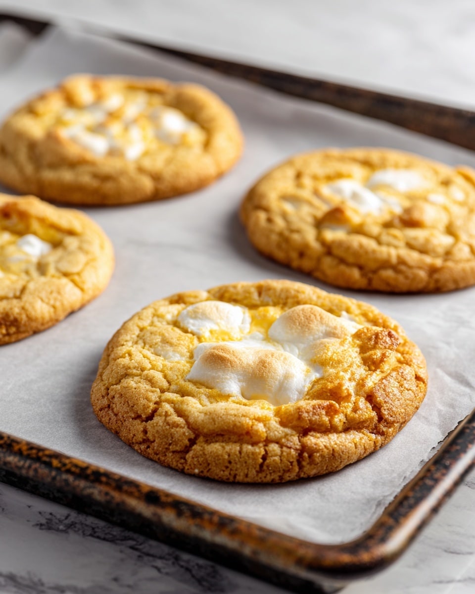 The image shows three round cookies on a baking sheet with a light brown, golden color. Each cookie has a slightly uneven texture with visible lumps from oats and white marshmallow pieces melted on top, giving a soft and gooey look. The edges of the cookies are a bit darker and crispier, while the centers are softer with a mix of light and dark brown spots and scattered flakes of salt. The baking sheet is old and worn, with a rusty brown metal frame, and the cookies rest on white parchment paper, all placed on a white marbled surface. photo taken with an iphone --ar 4:5 --v 7