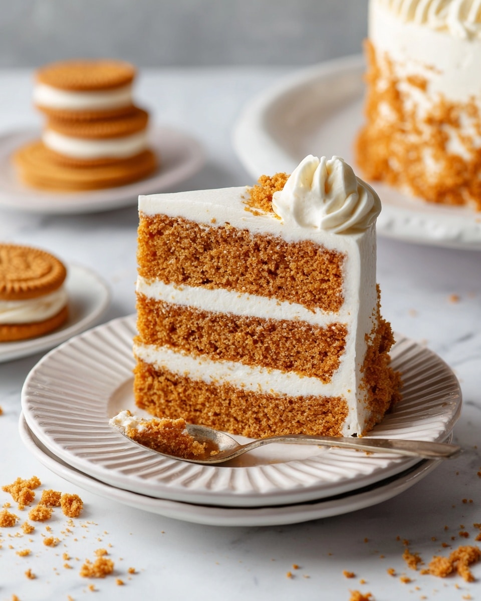 A slice of three-layer light brown cake with white creamy frosting between and on top of each layer sits on a white plate with ridged edges. The cake texture looks soft and moist with crumbs visible. A silver fork rests on the right side of the plate holding a small bite of the cake. Nearby, two round brown sandwich cookies and part of a white and yellow carton are visible on a white marbled textured surface with scattered crumbs. Photo taken with an iphone --ar 4:5 --v 7
