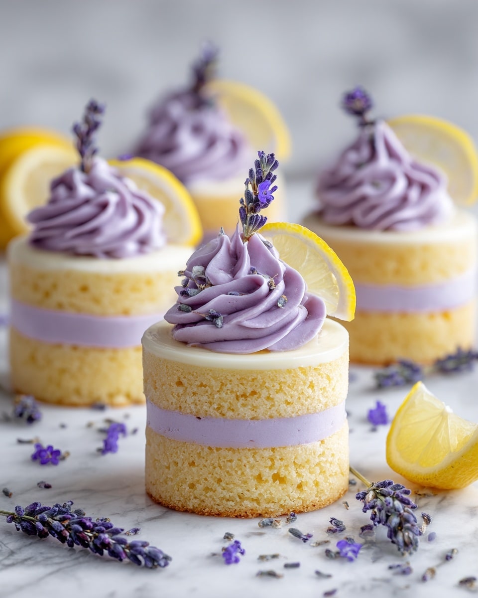 The image shows round, two-layer lemon cookies with a pale yellow color, stacked with a smooth, light purple cream filling in the middle. On top of each cookie, there is a dollop of the same purple cream, decorated with small dried lavender flowers and a thin slice of lemon placed upright. The cookies are arranged on a white marbled surface with scattered lavender buds and lemon slices around them, giving a fresh and delicate look. Photo taken with an iphone --ar 4:5 --v 7