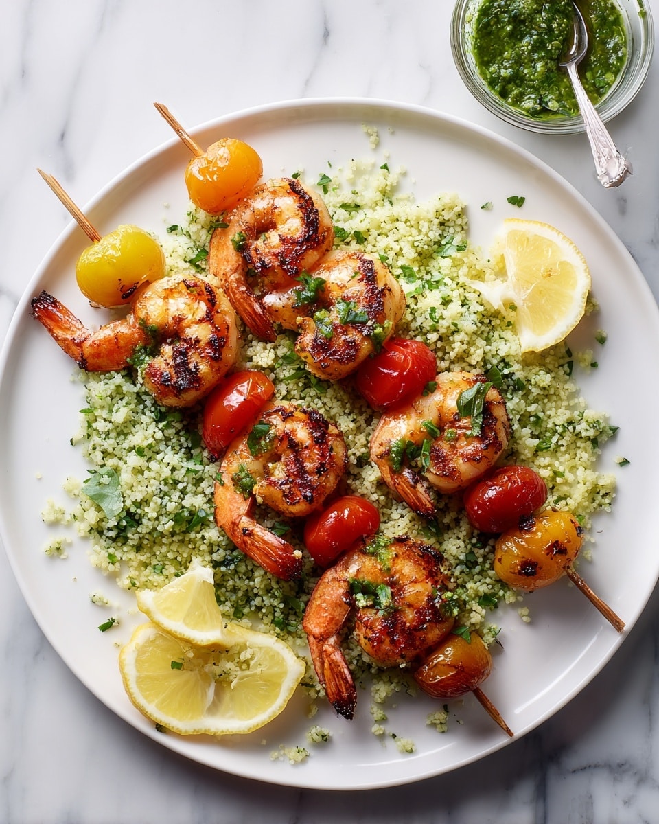 A white plate holds a bed of small round couscous mixed with green pesto and fresh basil leaves, sprinkled lightly with black pepper. On top are two wooden skewers with five grilled shrimp each, their orange and white shells charred slightly with brown grill marks. Each skewer ends with a small cherry tomato, one side red and the other yellow, also grilled. Two lemon wedges, one placed on the couscous and the other near the plate's edge, add a splash of yellow. To the top right, a glass bowl with green pesto sauce and a small spoon sits on a white marbled surface. photo taken with an iphone --ar 4:5 --v 7