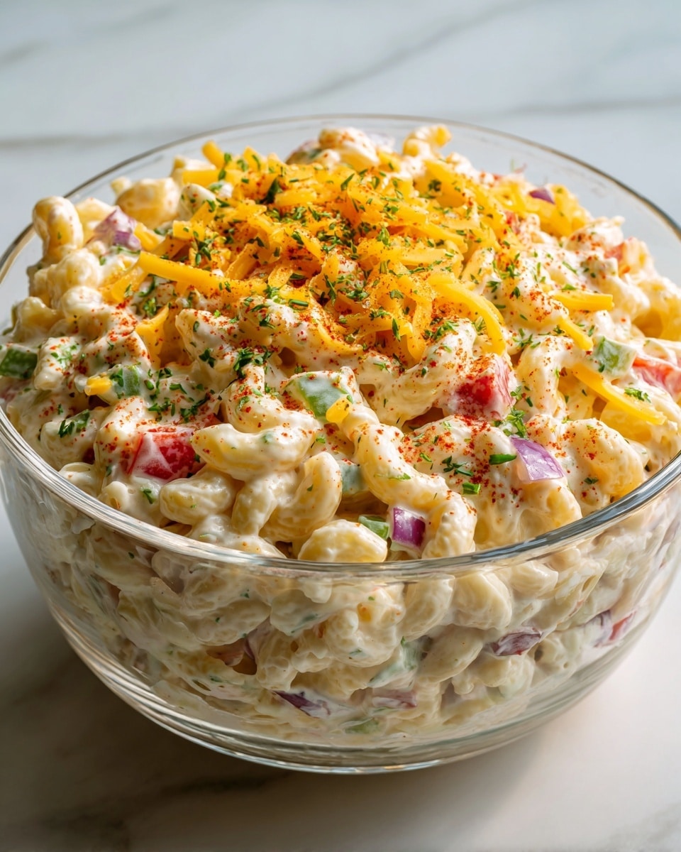 A clear glass bowl filled with creamy macaroni salad that has several layers of small elbow pasta coated in a thick white dressing. Mixed within the pasta are chopped pieces of green bell pepper, red bell pepper, red onion, and green onions, adding pops of green, red, and purple colors. On top there is a generous layer of shredded bright yellow cheddar cheese, sprinkled with finely chopped green herbs and a light dusting of reddish paprika, making the salad look fresh and colorful. The bowl sits on a white marbled surface with soft natural light coming from the side, making the colors vibrant and the textures rich. photo taken with an iphone --ar 4:5 --v 7
