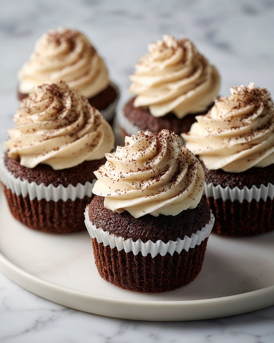 Five chocolate cupcakes sit on a round white plate over a white marbled surface. Each cupcake has one layer of dark brown chocolate cake with a slightly rough texture, wrapped in a white ridged paper liner. On top of each cake is a thick swirl of light cream-colored frosting, soft and smooth with defined ridges, sprinkled evenly with fine dark brown cocoa powder. The cupcakes are closely arranged with one centered in front and the other four behind, slightly blurred. Photo taken with an iphone --ar 4:5 --v 7