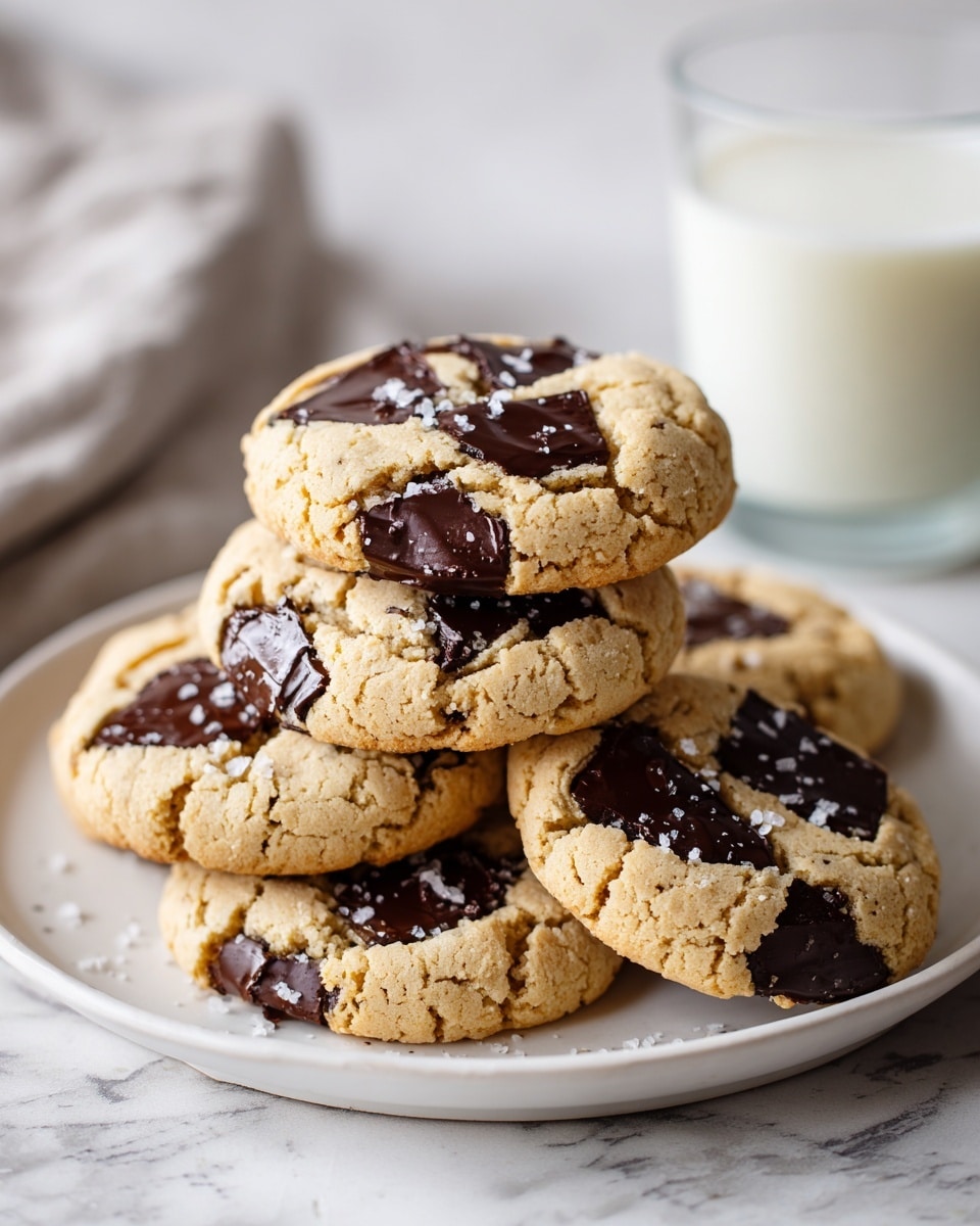 A white plate holds six round cookies stacked closely together, each cookie showing a cracked golden-brown surface with large, melted dark chocolate chunks spread unevenly across the top. The chocolate areas are glossy and liquid-like, contrasting with the crumbly, soft texture of the cookie dough. Sprinkled over the cookies are small grains of white sea salt, adding a sparkling touch. In the background, a glass of milk blurs softly against a white marbled surface, enhancing the cozy and inviting feel. photo taken with an iphone --ar 4:5 --v 7