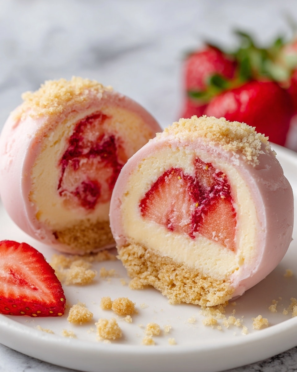 The image shows a close-up of two round dessert balls placed on a white plate with a white marbled surface underneath. Each ball has three visible layers: the outer shell is smooth, pale pink, and slightly cracked open to reveal the inside. Inside the shell, there is a layer of crumbly golden crust at the bottom, followed by a creamy pale yellow filling that looks soft and thick. The center of the dessert contains a bright red mixture with fresh strawberry pieces, giving a juicy and textured look. Around the dessert, there are small crumbs and slices of red strawberry, adding more color and detail. Photo taken with an iphone --ar 4:5 --v 7