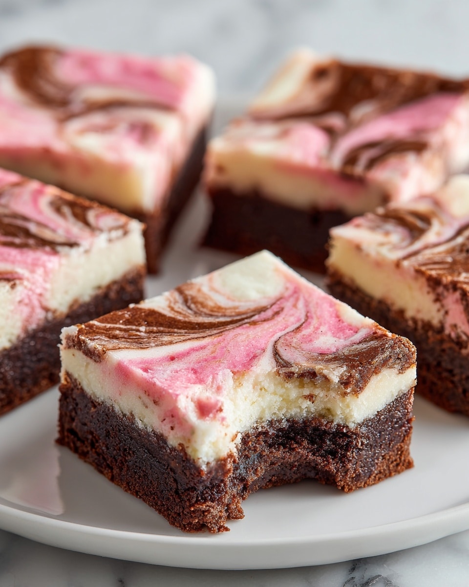 The image shows square dessert pieces with three visible layers, placed on a white rectangular plate on a white marbled surface. The bottom layer is dark brown and looks dense and fudgy like a brownie. The middle layer is creamy white and smooth, covering the entire piece evenly. The top layer is a mix of swirled pink and white colors with a slightly marbled texture, adding a lively contrast. One piece at the front has a bite taken out, showing the thickness of each layer clearly. The background is softly blurred, focusing attention on the dessert. Photo taken with an iphone --ar 4:5 --v 7