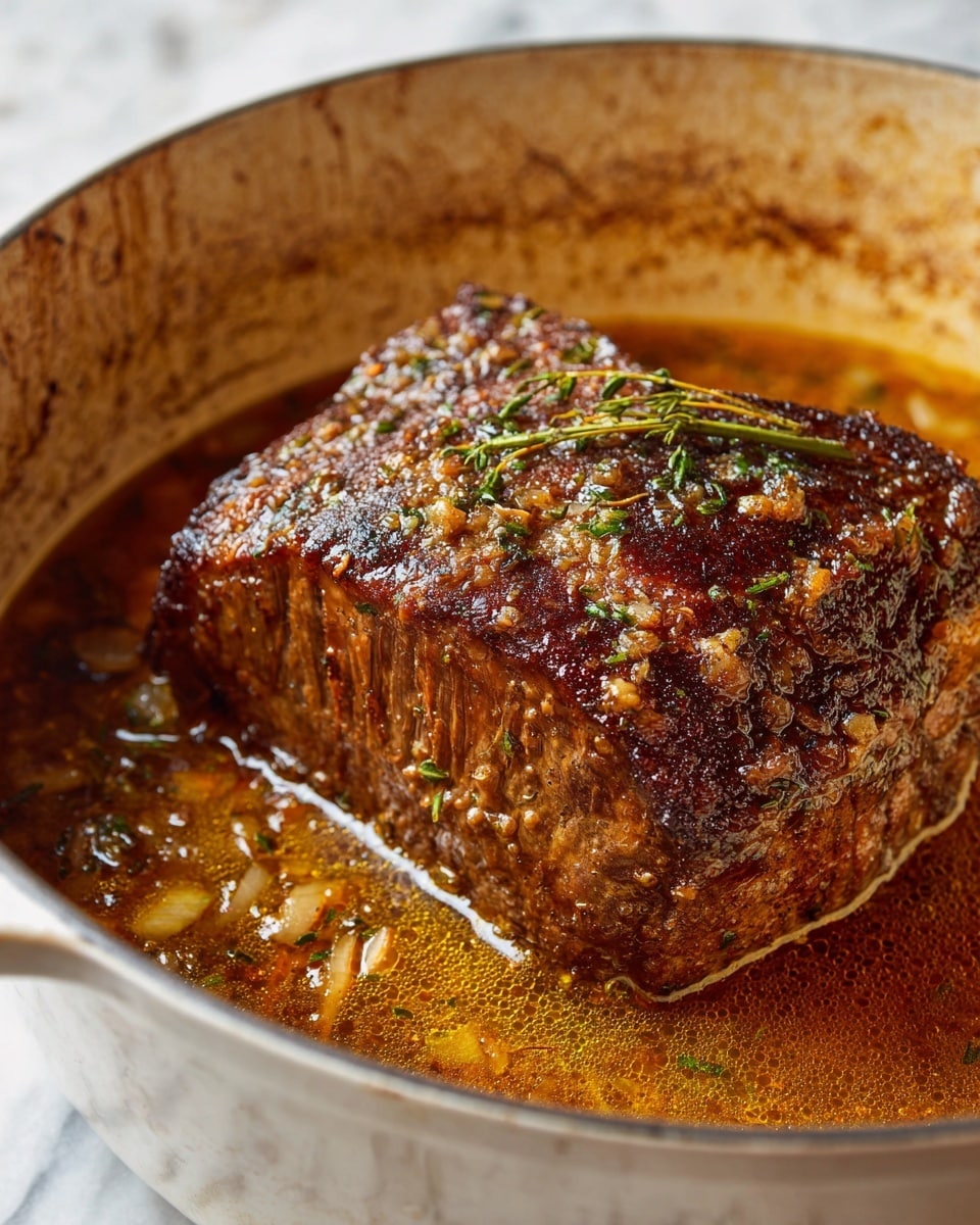A close-up of one large piece of dark brown, well-seared beef roast sitting in a round white pot filled halfway with rich, thick brown gravy mixed with translucent cooked onions and scattered herbs. The beef has a deeply textured crust with visible seasoning and glistening spots of oil, surrounded by the glossy broth pooling at the bottom. The pot's inside edges show a gradient of brown from the cooking juices. The background is a white marbled texture. photo taken with an iphone --ar 4:5 --v 7