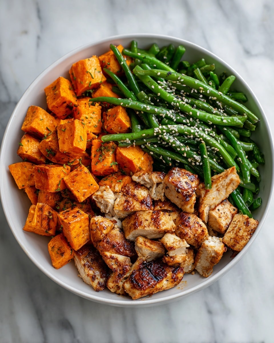 A white shallow bowl holds a colorful, well-arranged meal divided into three sections. On the left side, there are golden orange roasted sweet potato cubes with a slightly crisp texture, showing a light seasoning coating. The right side features bright green steamed green beans, smooth and shiny, and garnished with sesame seeds. The bottom center is filled with several pieces of grilled chicken, golden brown with visible char marks and a slight glaze giving them a juicy appearance. The bowl sits on a white marbled surface. Photo taken with an iphone --ar 4:5 --v 7